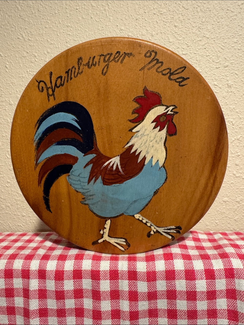 Mid-Century Wooden Hamburger Mola Hand-Painted Rooster Motif